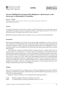 Zootaxa, Two New Dolichoderine Ant Genera From