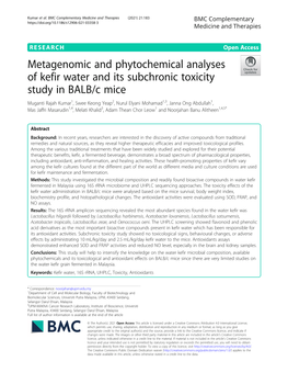 Metagenomic and Phytochemical Analyses of Kefir Water and Its Subchronic Toxicity Study in BALB/C Mice