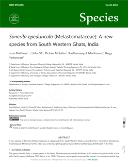 Sonerila Epeduncula (Melastomataceae): a New Species from South Western Ghats, India