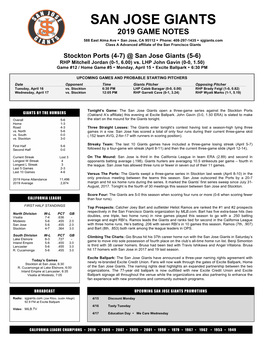 San Jose Giants 2019 Game Notes