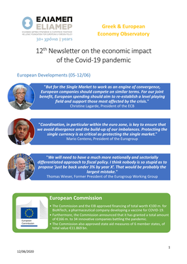 12Th Newsletter on the Economic Impact of the Covid-19 Pandemic