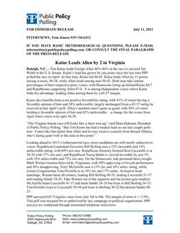 Kaine Leads Allen by 2 in Virginia Raleigh, N.C