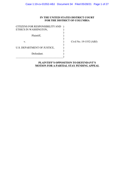 FINAL CREW V. DOJ Opp. to Stay 5-28-21 PM