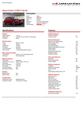 Nissan Pulsar 1.2 DIG-T Lite (A) Information