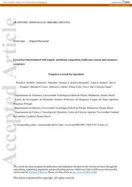 Cereal Bars Functionalized with Tempeh: Nutritional Composition, Isoflavones Content and Consumers Acceptance