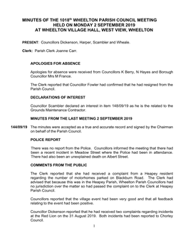 MINUTES of the 1018Th WHEELTON PARISH COUNCIL MEETING HELD on MONDAY 2 SEPTEMBER 2019 at WHEELTON VILLAGE HALL, WEST VIEW, WHEELTON