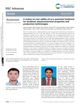 A Review on Non-Edible Oil As a Potential Feedstock for Biodiesel: Physicochemical Properties and Cite This: RSC Adv.,2021,11,25018 Production Technologies