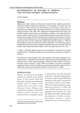 Re-Emergence of Malaria in Armenia and Vector Control Interventions