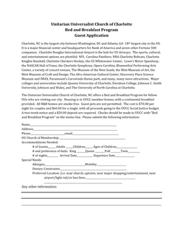 Unitarian Universalist Church of Charlotte Bed and Breakfast Program Guest Application