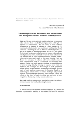 Methodological Issues Related to Radio Measurement and Ratings in Romania: Solutions and Perspectives