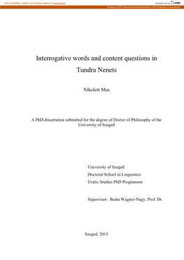 Interrogative Words and Content Questions in Tundra Nenets