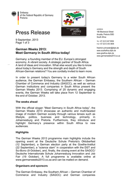 Press Release Arcadia, Pretoria 0083 South Africa 9 September, 2013 TEL +27 (0)12 427 8936 Page 1 of 3 FAX +27 (0)12 343 3606