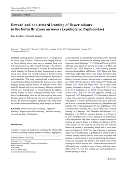 Reward and Non-Reward Learning of Flower Colours in the Butterfly Byasa Alcinous (Lepidoptera: Papilionidae)