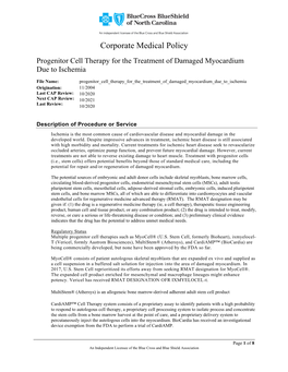 Corporate Medical Policy Progenitor Cell Therapy for the Treatment of Damaged Myocardium Due to Ischemia