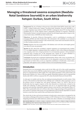 (Kwazulu- Natal Sandstone Sourveld) in an Urban Biodiversity Hotspot: Durban, South Africa