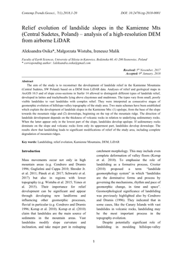 Relief Evolution of Landslide Slopes in the Kamienne Mts (Central Sudetes, Poland) – Analysis of a High-Resolution DEM from Airborne Lidar