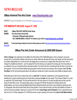 NEWS RELEASE Umass Amherst Fine Arts Center