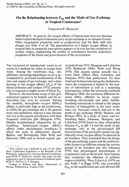 On the Relationship Between Pso and the Mode of Gas Exchange in Tropical Crustaceans!