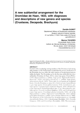 A New Subfamilial Arrangement for the Dromiidae De Haan, 1833, with Diagnoses and Descriptions of New Genera and Species (Crustacea, Decapoda, Brachyura)