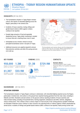 ETHIOPIA - TIGRAY REGION HUMANITARIAN UPDATE Situation Report Last Updated: 28 Feb 2021