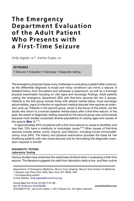 The Emergency Department Evaluation of the Adult Patient Who Presents with a First-Time Seizure