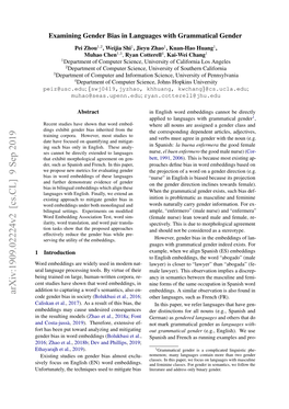 Arxiv:1909.02224V2 [Cs.CL] 9 Sep 2019 Code Gender Bias in Society (Bolukbasi Et Al., 2016; Other Languages, Such As French (FR)