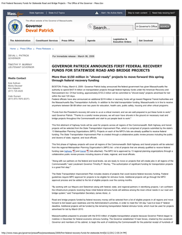 First Federal Recovery Funds for Statewide Road and Bridge Projects - the Office of the Governor - Mass.Gov