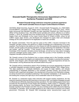 Emerald Health Therapeutics Announces Appointment of Pure Sunfarms President and CEO