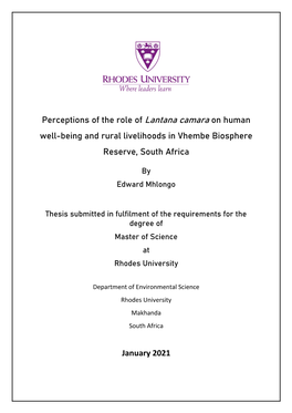 Perceptions of the Role of Lantana Camara on Human Well-Being and Rural Livelihoods in Vhembe Biosphere Reserve, South Africa