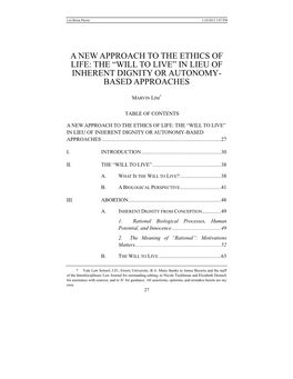 A New Approach to the Ethics of Life: the ―Will to Live‖ in Lieu of Inherent Dignity Or Autonomy- Based Approaches