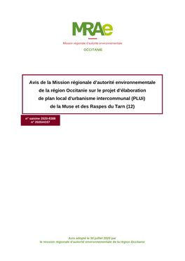 (Plui) De La Muse Et Des Raspes Du Tarn (12) N° Saisine 2020-8388 N° 2020AO37