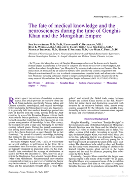 The Fate of Medical Knowledge and the Neurosciences During the Time of Genghis Khan and the Mongolian Empire