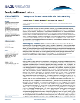 The Impact of the AMO on Multidecadal ENSO Variability 10.1002/2017GL072524 Aaron F