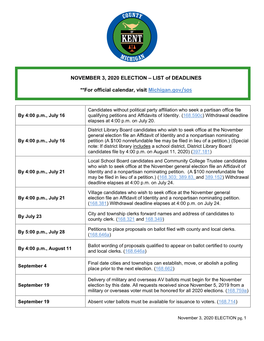 NOVEMBER 3, 2020 ELECTION – LIST of DEADLINES **For Official