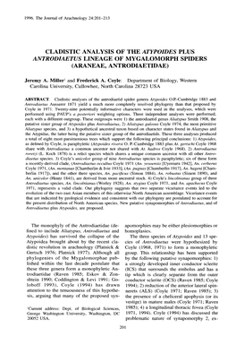 Cladistic Analysis of the Atypoides Plus Antrodiaetus Lineage of Mygalomorph Spiders (Araneae, Antrodiaetidae )