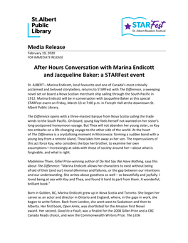 Media Release After Hours Conversation with Marina Endicott and Jacqueline Baker: a Starfest Event