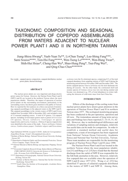 Taxonomic Composition and Seasonal Distribution of Copepod Assemblages from Waters Adjacent to Nuclear Power Plant I and Ii in Northern Taiwan
