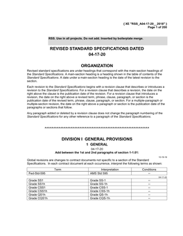 Revised Standard Specifications Dated 04-17-20 Organization