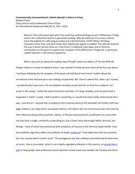Conventionally Unconventional: Lisbeth Salander's Sisters in Crime Barbara Fister Stieg Larsson and Scandinavian Crime Fiction