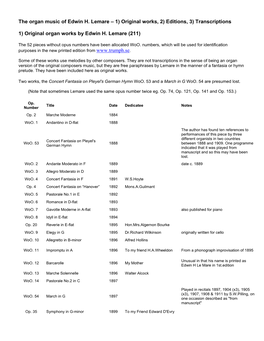 The Organ Music of Edwin H. Lemare – 1) Original Works, 2) Editions, 3) Transcriptions 1) Original Organ Works by Edwin H
