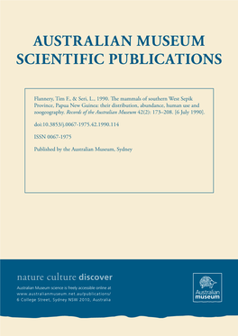 The Mammals of Southern West Sepik Province, Papua New Guinea: Their Distribution, Abundance, Human Use and Zoogeography