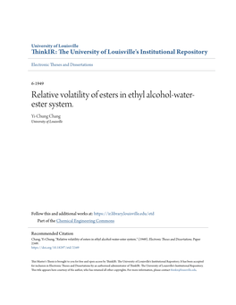 Relative Volatility of Esters in Ethyl Alcohol-Water-Ester System.