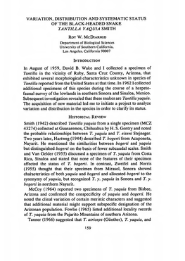 Variation, Distribution and Systematic Status of the Black-Headed Snake Tant1lla Yaquia Smith
