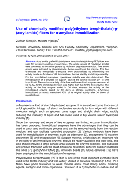 Use of Chemically Modified Poly(Ethylene Terephthalate)-G- (Acryl Amide) Fibers for Α-Amylase Immobilization