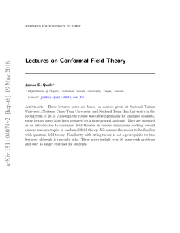 Lectures on Conformal Field Theory Arxiv:1511.04074V2 [Hep-Th] 19