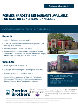 Former Hardee's Restaurants Available for Sale Or Long