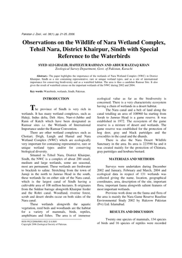 Observations on the Wildlife of Nara Wetland Complex, Tehsil Nara, District Khairpur, Sindh with Special Reference to the Waterbirds