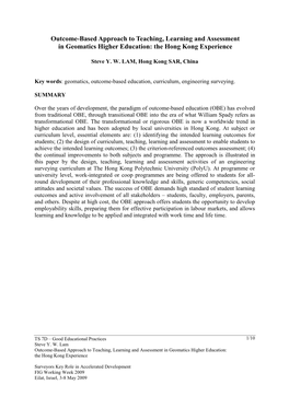 Outcome-Based Approach to Teaching, Learning and Assessment in Geomatics Higher Education: the Hong Kong Experience