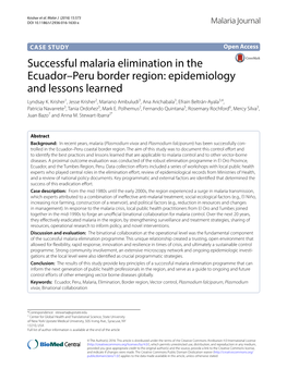 Successful Malaria Elimination in the Ecuador–Peru Border Region: Epidemiology and Lessons Learned Lyndsay K