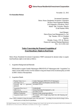 Notice Concerning the Proposed Acquisition of Trust Beneficiary Rights in Real Estate